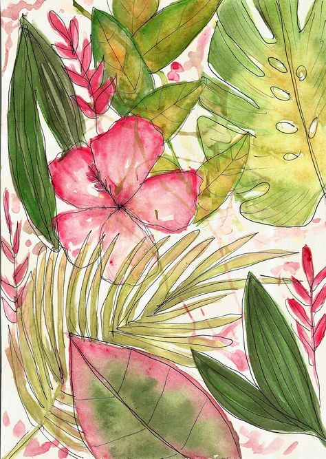 Original pink tropical watercolour painting available at https://www.etsy.com/uk/listing/542576856/hand-painted-tropical-floral-painting?ref=shop_home_active_1 Tropical Leaf Painting, Gouache Tutorial, Tropical Trend, Tropical Retreat, Millenial Pink, Pink Flower Painting, Bedroom Painting, Personal Investigation, Wildflower Paintings