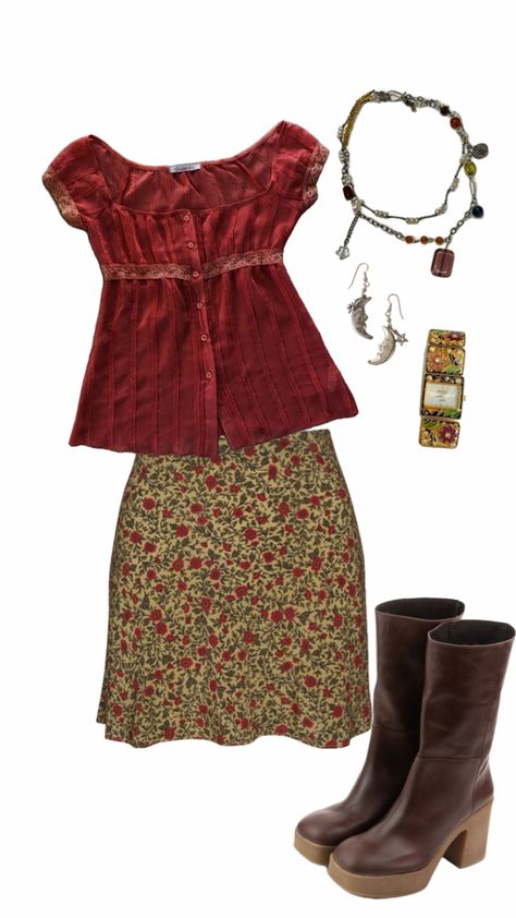 Boho Style Aesthetic Outfits, Whimsy Fall Outfits, Romcom Core Outfits, Earthy Fashion Aesthetic, Outfits With Dresses, Classy Feminine Outfits, 2012 Outfits, Outfit Mood Board, Floral Top Outfit