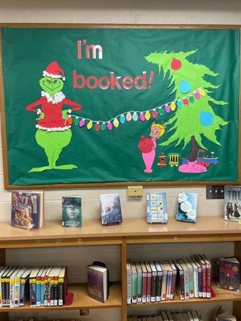 Grinch Library Bulletin Boards, Grinch Library Display, Christmas Library Display, Library Bulletin Board, Library Book Displays, Library Bulletin Boards, Library Decor, Library Displays, Book Display