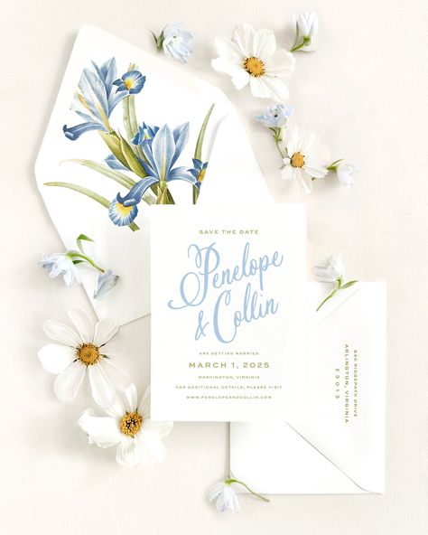 What do we love about this save the date? A blue iris botanical envelope liner Playful script lettering Color palette of azure blue and chartreuse How to Order and Production Process Select desired quantity Quick Tip: count households, not headcount, and include extras for keepsakes, photography, and returns in the mail Click Personalize and fill out order form completely Upload your guest address excel file to the order formQuick Tip: we have a template for the formatting we need! CLICK HERE TO Formal Wedding Save The Date, Save The Date Ideas Colorful, Invitation Wedding, Watercolor Save The Date, Save The Dates, Unique Save The Date Ideas, Save The Date Ideas, Garden Save The Date, Save The Date Letterpress