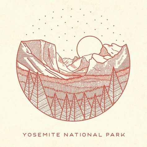 Another illustration to help raise money for National Parks. This is the tunnel view one of the most famous views of Yosemite Valley. From here you can see El Capitan and Bridalveil Fall rising from Yosemite Valley with Half Dome in the background. by briansteely Tattoo Mountain, Elephant Colour, Mountain Valley, Mountain Tattoo, Elephant Tattoos, Unique Logo Design, Music Tattoos, Knife Art, Yosemite Valley