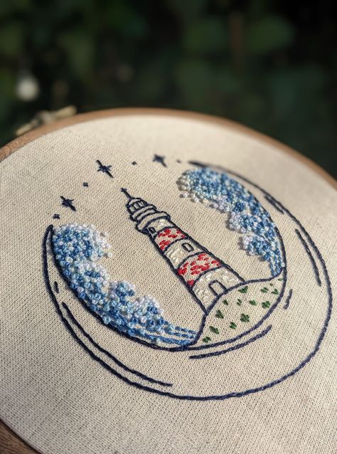 Lighthouse moon stars hand embroidery pattern PDF guide - DIGITAL FILE ONLY no physical item will be shipped. Beginner friendly quick and easy pattern. Designed for a 5" or 4" hoop (more or less white space) but can be resized for almost any hoop size. Includes both the colour codes for the threads I used and colour descriptions and suggestions so you can just use what you have or buy a multipack. ☾ This digital download consists of two PDF docum Summer Embroidery Patterns, Beach Embroidery Patterns, Embroidery Designs Beginner, Ocean Embroidery Patterns, Coastal Embroidery, Colour Descriptions, Beginner Embroidery Patterns, Embroidery Designs Simple, One Piece Embroidery