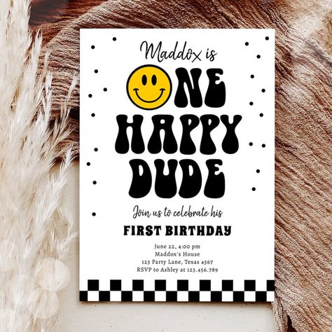 Birthday Smiley Face, Smiley Birthday, Smiley Party, Smile Birthday, Birthday Smiley, 1st Birthday Invitations Boy, Birthday Teen, One Happy Dude, Smiley Happy