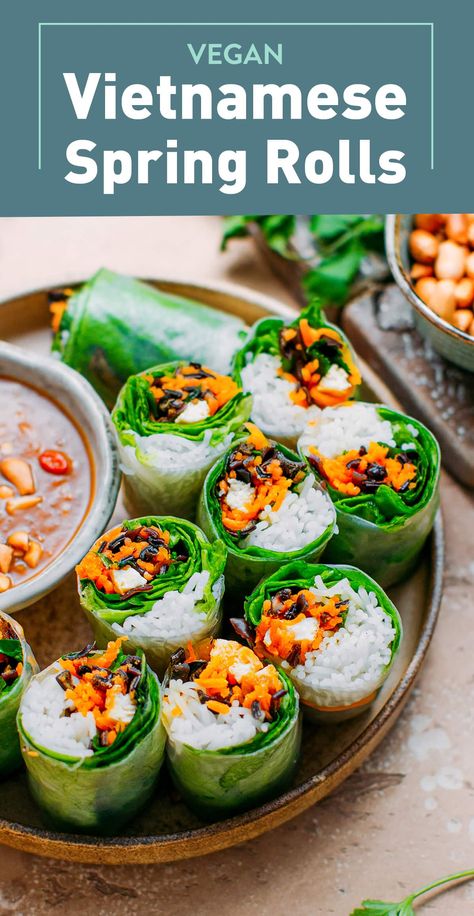 Fresh, heathy, and easy vegan spring rolls filled with rice noodles, carrots, mushrooms, and tofu. Delicious served with a hoisin peanut sauce! #springrolls #vietnamesefood #plantbased #vegan Vietnamese Spring Rolls Recipe, Vietnamese Rice Paper Rolls, Vietnamese Rice Paper, Vegan Spring Rolls, Vietnamese Rice, Vietnamese Spring Rolls, Fresh Spring Rolls, Rice Paper Rolls, Spring Roll Recipe