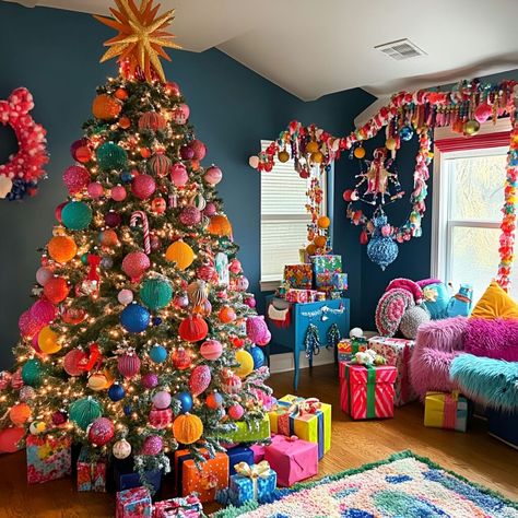 Design a cheerful Carnival Whimsy Tree with DIY ornaments and bright garlands. It’s a fun and festive twist for the holidays. Colored Christmas Tree Lights Ideas, Bright Colors Christmas Tree, Toy Christmas Tree Theme, Colorful Boho Christmas Tree, Vintage Colorful Christmas Tree, Character Christmas Tree Ideas, Rainbow Christmas Tree Ideas, Multicolor Christmas Tree Decorations, Maximalist Christmas Tree