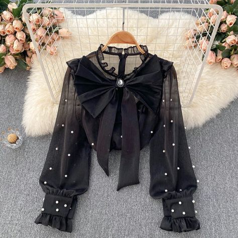 1 392,35 руб. 48%OFF | Women Big Bow Diamond Ruffle Long Sleeve Sexy Lace Mesh Shirt Club Party Tops Ladies 2021 Autumn Pearl Beading Blouse Blusas New https://a.aliexpress.com/_uujRg8 Shirt With Pearls, Feminine Party Tops With Bow Detail, Lace Bow Shirt, Casual Long Sleeve Tops With Bow, Luxury Chic Top With Bow, Mesh Shirt Outfit, Luxury Black Top With Bow, Pretty Dresses Casual, Fashion Top Outfits