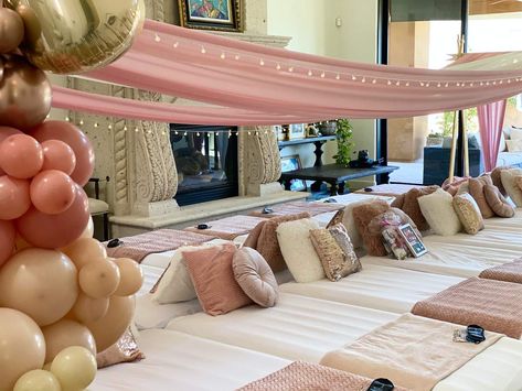 Canopy Sleepover  | CatchMyParty.com Canopy Sleepover Slumber Parties, Canopy Sleepover, Rose Gold Birthday Party Ideas, Gold Birthday Party Ideas, Rose Gold Birthday Party, Birthday Rose Gold, Girls Slumber Party, Rose Gold Birthday, 56th Birthday