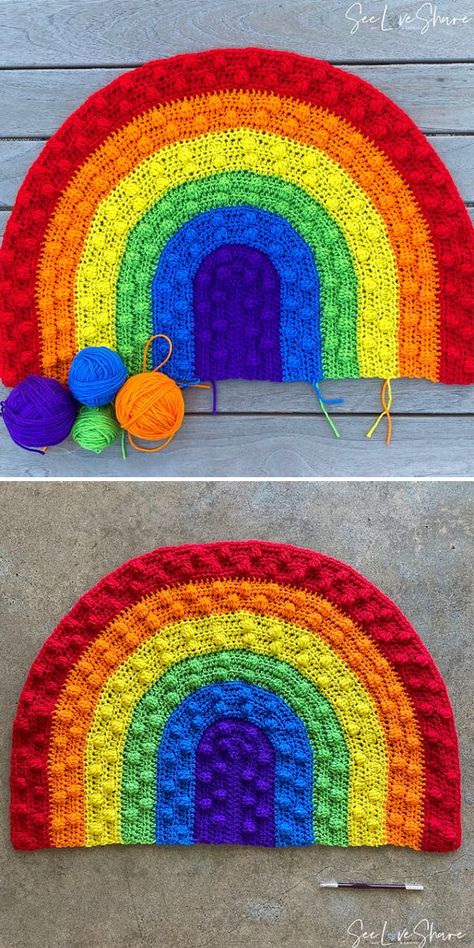 Crochet Rainbow Blanket Free Pattern, Crochet Arch, Crochet Rainbow Pattern, Crocheted Rainbow, Free Rainbow Crochet Patterns, Rainbow Blanket Crochet, Rainbow Yarn Crochet Ideas, Rainbow Crochet Pattern, Crochet Rainbow Baby Blanket Free Pattern