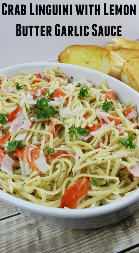 Clam And Shrimp Recipes, Imitated Crab Recipes Dinner, Crab Linguini, Immitation Crab Recipes, Lemon Butter Garlic Sauce, Crab Pasta Recipes, Butter Garlic Sauce, Crab Pasta, Crab Meat Recipes