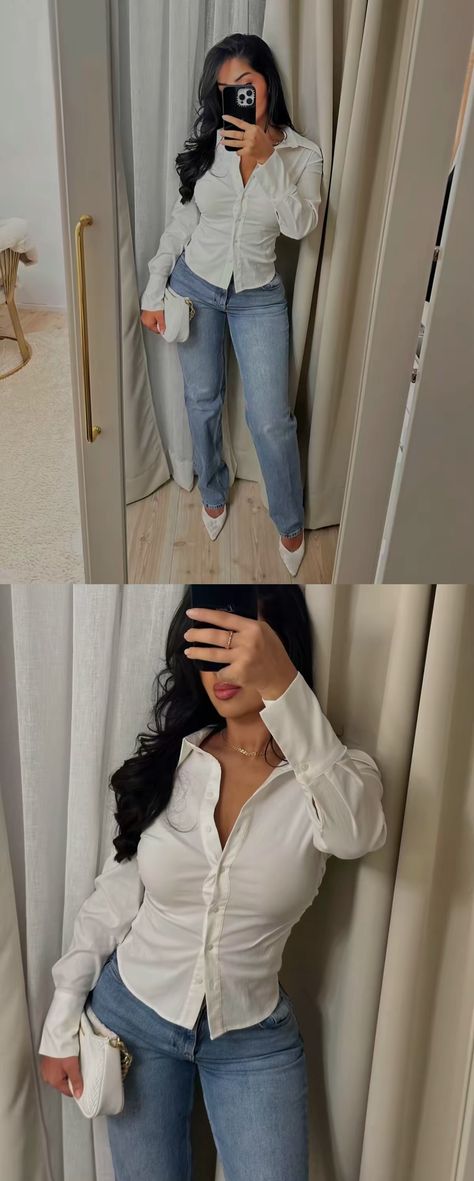 22 Year Old Outfits Classy, White Button Down Sweater Outfit, White Shirt Tucked In Jeans, White Button Up And Jeans Outfit, Outfits With White Button Up Shirt, White Top Outfit Casual, White Dress Shirt Outfit, Outfit Button Up Shirt, White Blouse Outfit