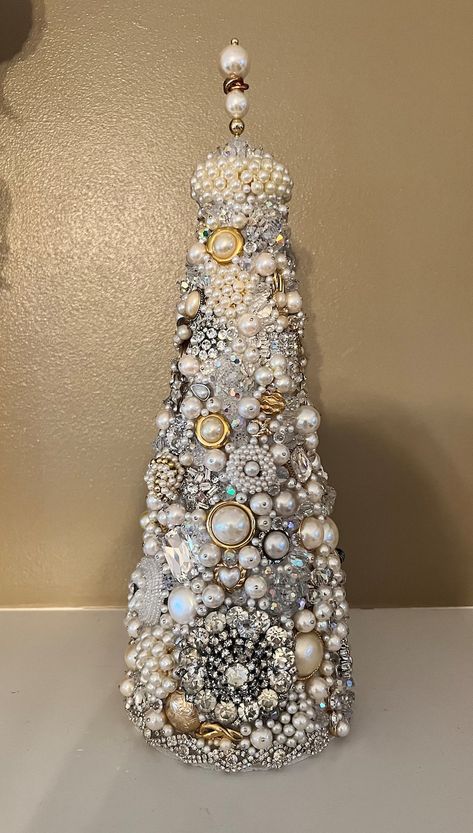 Made to Order Jeweled Tree 12 Inches Tall - Etsy Broach Tree, Small White Christmas Tree, Jewel Tree, Jewelry Tree Craft, Christmas Kisses, Jewelry Upcycle, Jewelry Trees, Old Jewelry Crafts, Costume Jewelry Crafts