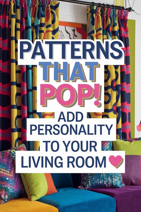 Vibrant living room with patterned curtains adding a pop of color and personality. Funky Window Treatments, Maximalist Curtain Ideas, Bright Curtains Living Room, Bold Curtains Living Room, Maximalist Curtains, Pattern Curtains Living Room, Eclectic Curtains, Bold Curtains, Bright Curtains