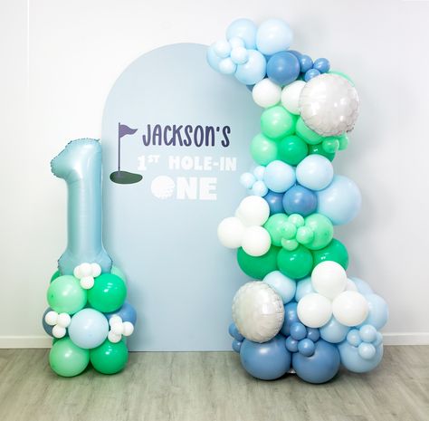 Golf Balloon Garland Balloon Arch With Golf Ball Mylars Hole in One First Birthday Party 1st Birthday Ideas Hole in Party Decor - Etsy Golf Themed Balloon Garland, Hole In One Balloon Arch, One Balloon 1st Birthdays, A Hole In One First Birthday, 1st Birthday Balloon Arch, First Birthday Golf Theme, First Birthday Balloon Arch, Balloon Accents, Hole In One Birthday Party