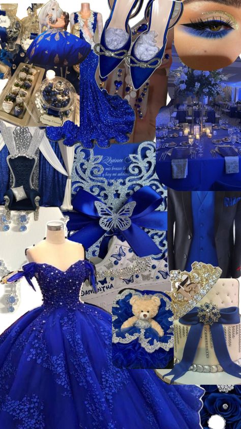 Royal Blue And Gold Quinceanera Centerpieces, Quinceanera Dresses Royal Blue And Gold, Quince Dark Blue, Royal Sweet 16, Quinceanera Colors, Silver Quince Dresses, Royal Blue Quince Theme, Black Quinceanera Theme, Royal Blue Quinceanera Theme