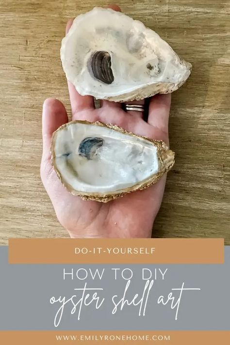 DIY Oyster Shell Art Craft: 3 Steps to Make Your Own! • Emily Rone Home Oyster Shell Angels Diy, Diy Oyster Shell Ornaments, How To Drill Holes In Oyster Shells, Cleaning Oyster Shells For Crafts, Diy Oyster Shell Crafts, Oyster Shell Mobile, Gold Leaf Oyster Shells Diy, Diy Oyster Shell, Oyster Shell Candle Holder