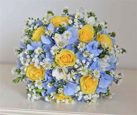 Blue Yellow White Centerpieces, Blue Yellow Pink Wedding Bouquet, Blue And Yellow Bridal Bouquet, Blue And Yellow Flower Arrangements, Light Blue And Yellow Wedding, Blue And Yellow Bouquet, Sunflower Bridal Bouquet, Yellow Wedding Bouquet, Flowers To Go