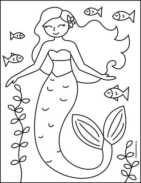 Easy How to Draw a Mermaid Tutorial and Mermaid Coloring Page Drawing Of Mermaid Easy, Mermaid Outline Templates, Mermaid Drawing Simple, Mermaid Swimming Drawing, How To Draw Mermaids, Mermaid Easy Drawing, How To Draw A Mermaid, Simple Mermaid Drawing, Drawing A Mermaid