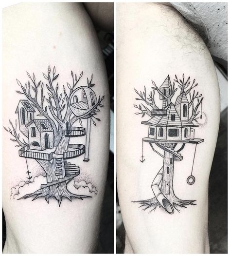 Bombayfoor on Instagram: “Tree houses 🏡 don't grow up is a trap 🍃🍃 #darkartist #blackworkerssubmission #btattooing #onlyblackart #tattoo #tattoos…” Tree House Tattoo Design, Tree House Tattoo, Treehouse Tattoo, Building Tattoo, Chicano Tattoo, Fire Tattoo, B Tattoo, Home Tattoo, Book Art Diy