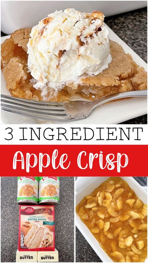 Looking for a simple and delicious dessert? Look no further than this easy apple crisp recipe! With just three ingredients - apple pie filling, melted butter, and a cake mix - you can whip up a cozy and comforting treat in no time. Three Ingredient Apple Cobbler, Apple Crisp With White Cake Mix Easy, Apple Crisp With Apple Pie Filling, Pie Filling Apple Crisp, Apple Crisp With Cake Mix Easy, Apple Cobbler With Cake Mix Easy, Apple Crisp Dump Cake, Cake Mix Apple Crisp, Apple Crisp With Pie Filling