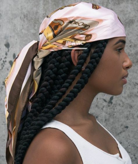 Headscarf With Braids, Black Prom Hairstyles, Du Rag, Headwrap Hairstyles, Black Wedding Hairstyles, Braided Scarf, Big Box Braids Hairstyles, Head Wrap Styles, Hair Scarf Styles