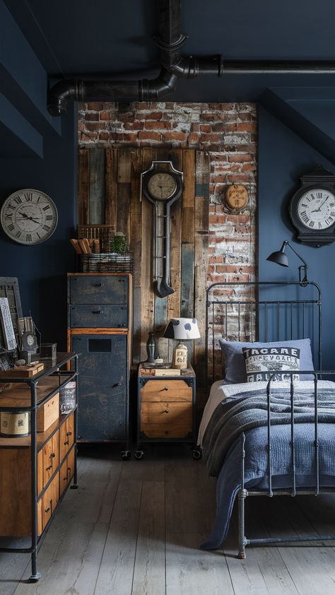 Boy Bedroom 21 Ideas: Step-by-Step Design Inspirations Dark Blue Bedroom Furniture Ideas, Steampunk Room Ideas Bedrooms, Industrial Room Design Bedroom, Unique Accent Walls, Boys Industrial Bedroom, Dark Green And Light Blue, Gamer Room Ideas, Industrial Room Design, Industrial Bedroom Ideas