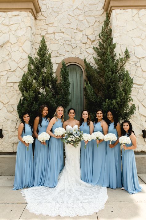 Dusty Blue Dresses Bridesmaid, Bride And Blue Bridesmaids, Bridesmaid Dresses Ice Blue, Light Blue And Gold Bridesmaid Dresses, Crystal Blue Bridesmaid Dresses, Blue And White Wedding Venue Ideas, Bridemades Dresses Blue, Brids Mades Dresses Blue, Navy Blue And Sky Blue Wedding