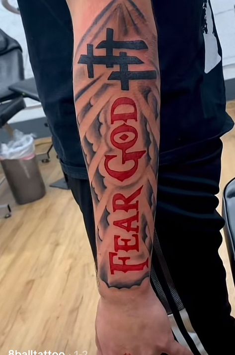 Fear God Arm Tattoo, God Arm Tattoo, Christian Forearm Tattoo, Fear God Tattoo Men, Fear God Tattoo, God Tattoo, Fear God, God Tattoos, Couple Tattoo