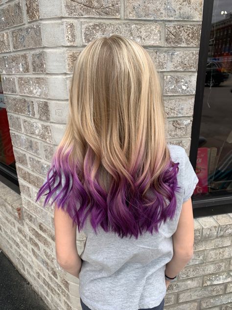 Colorful Hair Tips Dip Dye, Purple Dip Dye Hair Blonde, Hair Color For Kids Girls Summer, Hair Color Tips Ideas Dip Dyed, Fun Hair Dye Ideas For Blondes, Purple Tips Hair Blonde, Dirty Blonde Hair With Purple Highlights, Blonde With Purple Tips, Kid Highlights Hair