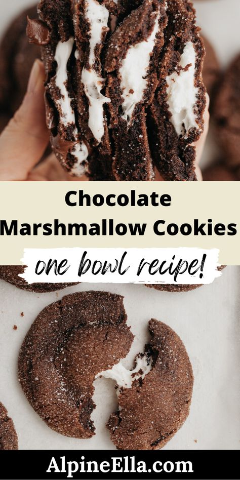 Marshmallow Cookie Sandwich, Dark Chocolate Marshmallow Cookies, Marshmellow Chocolate Desserts, Homemade Chocolate Marshmallows, Chocolate Yum Yum Dessert, Marshmallow Filled Cookies, Desserts With Mini Marshmallows, Recipes With Large Marshmallows, Chocolate Marshmallow Swirl Cookies