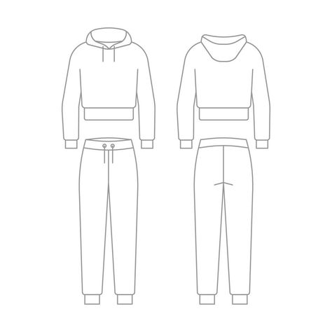 Tracksuit from pants joggers and sweatshirt with hood outline template. Unisex sportswear. Regular sport sweater and sport trousers for man and woman. Technical mockup in front and back view. Vector Joggers Sketch, Tracksuit Drawing, Joggers Mockup, Tracksuit Template, Tracksuit Mockup, Suit Template, Tracksuit Design, Unisex Sportswear, Sports Trousers Men