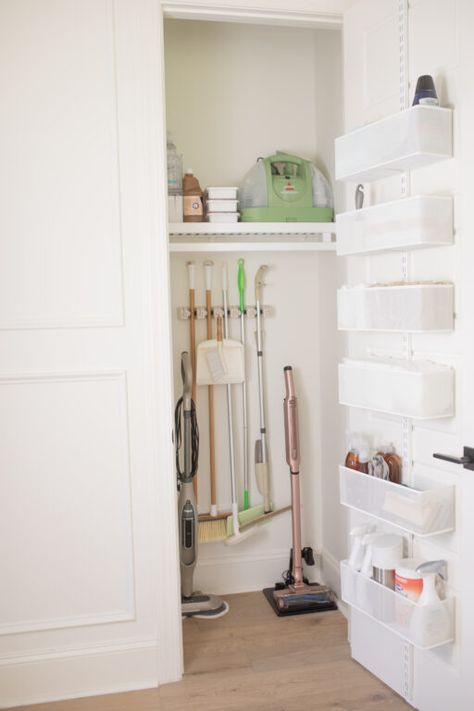 Walk In Cleaning Closet, Laundry Room Organization Minimalist, Vaccuum Cabinet, Clean Organized House Aesthetic, Purse Hangers For Closet, Organized Cleaning Closet, Cleaning Bottles Organization, Small Hall Closet Organization Ideas, Home Storage Organization