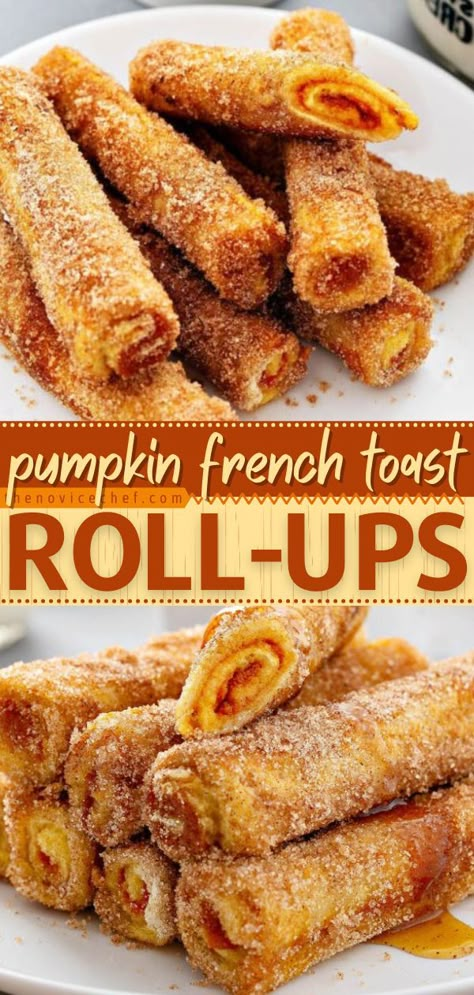 Pumpkin French Toast Roll-Ups, fall recipes, breakfast ideas Breakfast Recipes Pumpkin, Yummy Fall Breakfast, Cute Fall Breakfast Ideas, Easy Fall Food Dinner, Breakfast Ideas For On The Go Mornings, Fall Birthday Brunch Ideas, Pumpkin French Toast Roll Ups, Fall Baking Savory, Pumpkin Roll Up