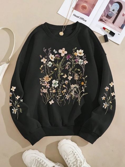 Floral Print Kangaroo Pocket Drawstring Thermal Hoodie | SHEIN USA Long Sleeve Tshirts, Flannel Sweatshirt, Thermal Hoodie, Embroidery Hoodie, Blue Black Color, Women Sweatshirts, Fabric Floral, Modest Fashion Outfits, Embroidered Hoodie