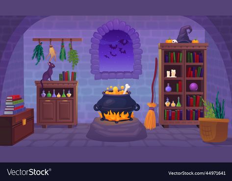 Inside A Witches House, Witch Room Drawing, Witch Room Illustration, Witch Room Art, Room Drawing Ideas, Witch Animation, Witch House Interior, Scary Basement, Cartoon Wizard