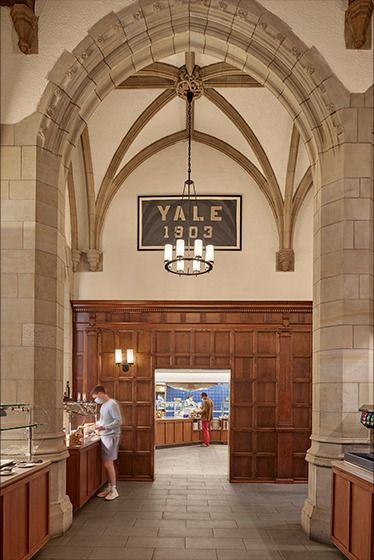 Yale University Branford College and Saybrook College Serveries & Kitchen - Newman Architects Yale Architecture, Architecture University, Gothic Setting, Amazing 3d Tattoos, Grey Floor Tiles, 3d Tattoos, Yale University, White Quartz Countertop, Grey Flooring