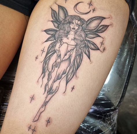 Fairy Tattoos Black Women, Earthy Fairy Tattoo, Large Fairy Tattoo, Witch Fairy Tattoo, Witchy Fairy Tattoo, Fairy Lady Tattoo, Bad Fairy Tattoo, Fae Tattoo Women, Fairy Witch Tattoo