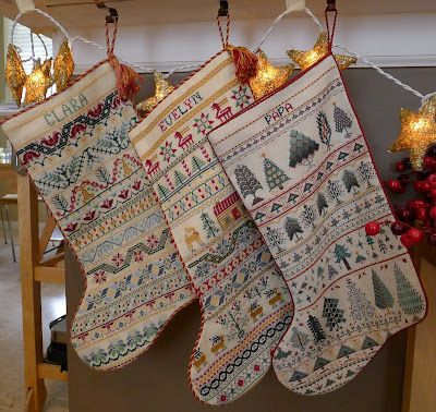 Palace of Leaves: Three Cross-stitched Christmas Stockings Christmas Stocking Pattern Free, Embroidery Christmas Gifts, Stocking Pattern Free, Crochet Christmas Stocking Pattern, Cross Stitch Stocking, Cross Stitch Christmas Stockings, Christmas Stocking Kits, Needlepoint Stockings, Embroidery Leaf