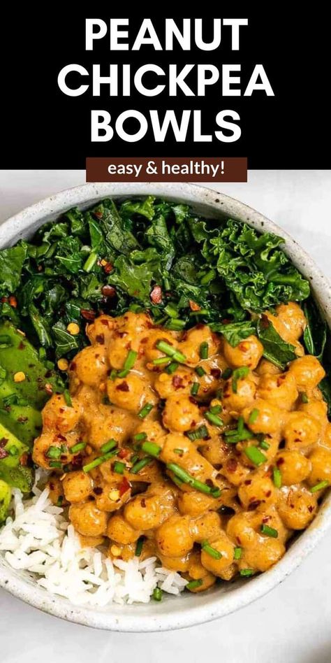 These peanut chickpea veggie bowls are easy to make, high in vegan and plant based protein and are the perfect 20 minutes dinner recipe. Perfect for a meal prep bowl! Peanut Chickpea Bowl, Chickpea Bowl Vegan, Easy Vegan Supper Ideas, Plant Based Family Dinners, Easy Protein Vegetarian Meals, Healthy Bean Recipes High Protein, Chickpea Recipes Lunch, High Protein Chickpea Recipes, Lunch Meal Prep Vegetarian