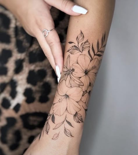 Arm Wrap Tattoo, Wrap Around Wrist Tattoos, Half Sleeve Tattoos Forearm, Wrap Around Tattoo, Around Arm Tattoo, 16 Tattoo, Hibiscus Tattoo, Wrap Tattoo, Flower Wrist Tattoos