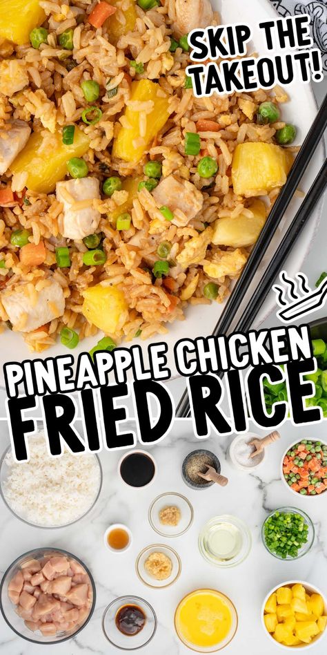 Fall in love with our Pineapple Chicken Fried Rice recipe, with tender chicken, juicy pineapple, and fluffy jasmine rice. Easy dinner, and so much better than takeout! Pineapple Fried Rice Recipe Easy, Chicken Fried Rice With Pineapple, Pineapple Fried Rice Recipe Chicken, Chicken Rice Pineapple Recipes, Pineapple Chicken And Rice Recipe, Chicken Fried Rice Wok, Chicken Pineapple Stir Fry, Pineapple Meals, Chicken And Pineapple Recipes