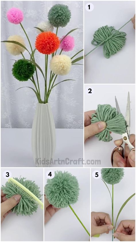 Colorful Thread Pom Pom Flowers Craft Making Tutorial For Kids Pom Pom Gift Ideas, Pompom Flowers Bouquet, Pom Pom Flowers Diy, Easter Recipes Dessert, Easter Pom Pom Crafts, Pom Pom Ideas, Pom Pom Bouquet, Pom Pom Art, Pompom Flowers