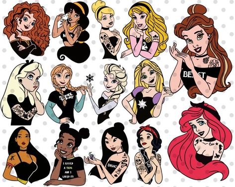 Emo Disney Princess, Gothic Disney Princesses, Disney Gone Bad, Ariel Svg, Dark Disney Tattoo, Emo Disney, Goth Disney Princesses, Goth Disney, Punk Disney Princesses