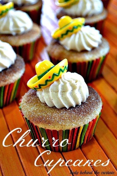 Fiesta Work Party, Spanish Class Party Food, Vegan Churro Cupcakes, Taco Party Cake Ideas, Mexican Fiesta Cupcake Ideas, Fiesta Party Cupcakes, Nacho Party Ideas Decorations, Fiesta Party Appetizers, Fiesta Themed Food