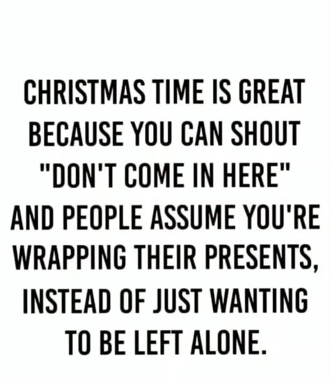 Christmas is great because you can shout, "Don't come in here!" and people assume you're wrapping their presents instead of just wanting to be left alone. Christmas Memes, Christmas Jokes, Holiday Quotes, Holiday Humor, Christmas Quotes, Sarcastic Quotes, Funny Signs, A Quote, Bones Funny