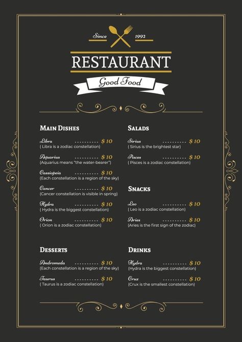 Elegant Menu Design Restaurant, Restaurant Menus Design, Hotel Menu Design, Resturant Menu, Menu Engineering, Menu Sans Gluten, Coffee Project, Menu Maker, Hotel Menu