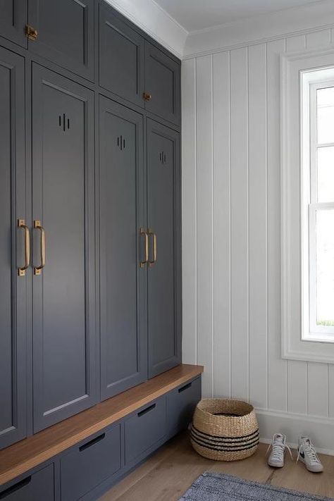 Dark Gray Mudroom Lockers with Doors - Transitional - Laundry Room Dark Gray Mudroom, Mudroom Lockers With Doors, Lockers With Doors, Coat Cupboard, Mudroom Addition, Transitional Laundry Room, Mudroom Cubbies, Built In Lockers, Entry Storage