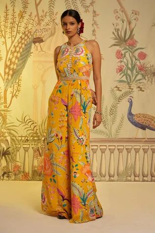 Shop for Aayushi Maniar Yellow Crepe Silk Floral Print Jumpsuit for Women Online at Aza Fashions Jumpsuit From Silk Saree, Jumpsuits For Haldi, Yellow Jumpsuit For Haldi, Traditional Jumpsuits For Women, Floral Jumpsuit Outfit Wedding, Yellow Jumpsuit Outfit Wedding, Indo Western Jumpsuits For Women, Traditional Jumpsuit, Ethnic Jumpsuit