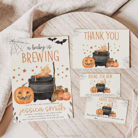 Get ready to celebrate the most enchantingly adorable event of the season with our A Baby is Brewing Decorations Invitation Bundle! Embrace the charm of the autumnal magic and host a Spooky Baby Shower that's both charming and eerie. Our carefully crafted Halloween Baby Shower Invitations blend the sweetness of a baby shower with the thrill of Halloween, creating an unforgettable experience. The Halloween Baby Shower Invitation Bundle includes a bewitching assortment of designs, perfect for sett A Baby Is Brewing Baby Shower Ideas Fall, Halloween Diaper Party, Somethings Brewing Halloween Baby Shower Ideas, Call Baby Shower Theme, Halloween Baby Sprinkle Ideas, October Theme Baby Shower Ideas, Baby Shower Themes Halloween, Baby Brewing Shower Ideas Halloween, October Baby Shower Ideas Spooky