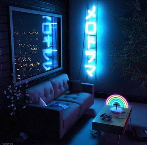 Siren of the Dead Sea Vaporwave Room, Cyberpunk Room, Army Aesthetic, Neon Bedroom, Rm Suga, Neon Room, New Retro Wave, Cyberpunk Aesthetic, Apartment Aesthetic