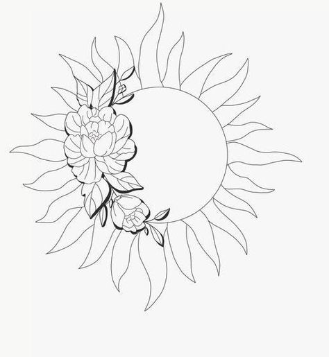 Floral Sun Tattoo Design, Sun With Roses Tattoo, Sun Flower Tattoo Stencil, Sun With Butterfly Tattoo, Sun And Flower Tattoo Simple, Sunshine Flower Tattoo, Sun And Leaves Tattoo, Sun And Floral Tattoo, Sunshine And Flowers Tattoo